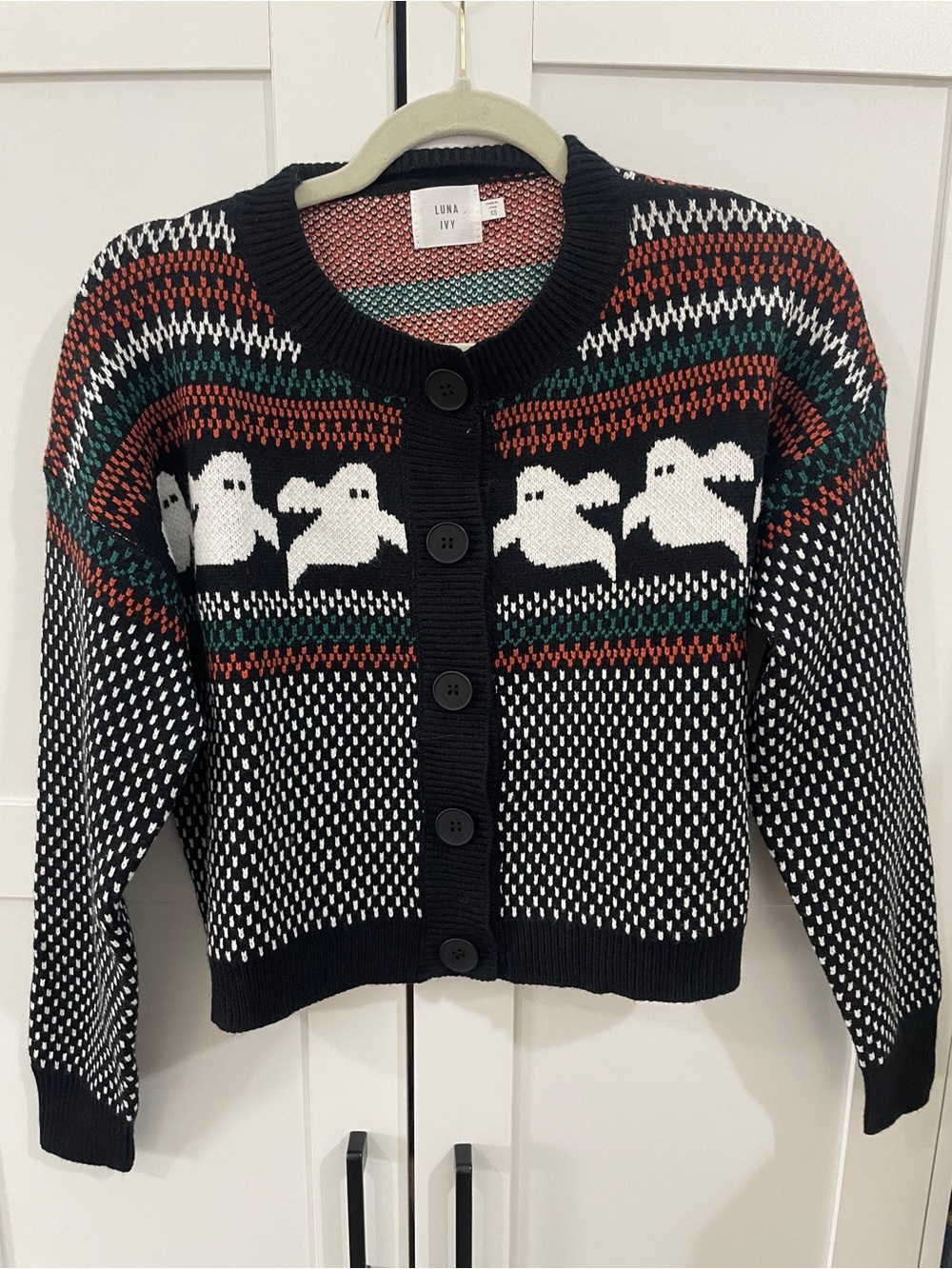 Women’s Luna Ivy Ghost Cardigan XS Halloween Fair Isle Button Up